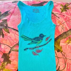 free people y2k vintage 2000s style blue bird print full length tank top